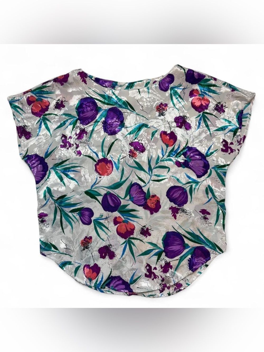 Vintage Jeri Marque Floral Blouse Size 8 Satin Jacquard Dolman Sleeve Top